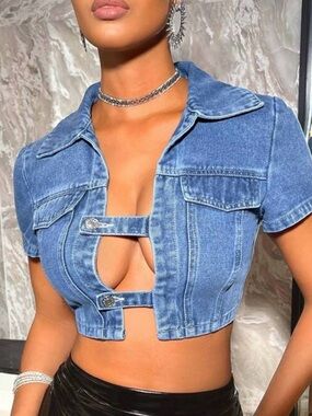 Denim Crop Top with Front Strap Detail - Blue
